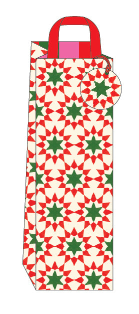 Red and Green geo stars printed bottle bag with gift tag on a white background.