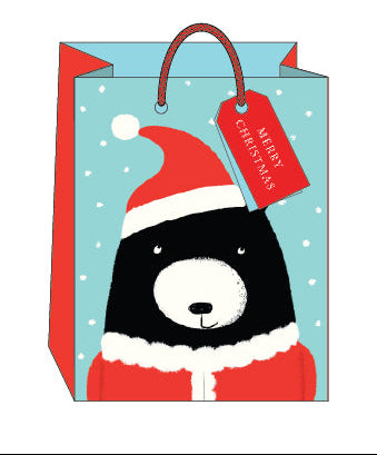 Festive bear wearing a santa hat on a gift bag with tag on a white background.