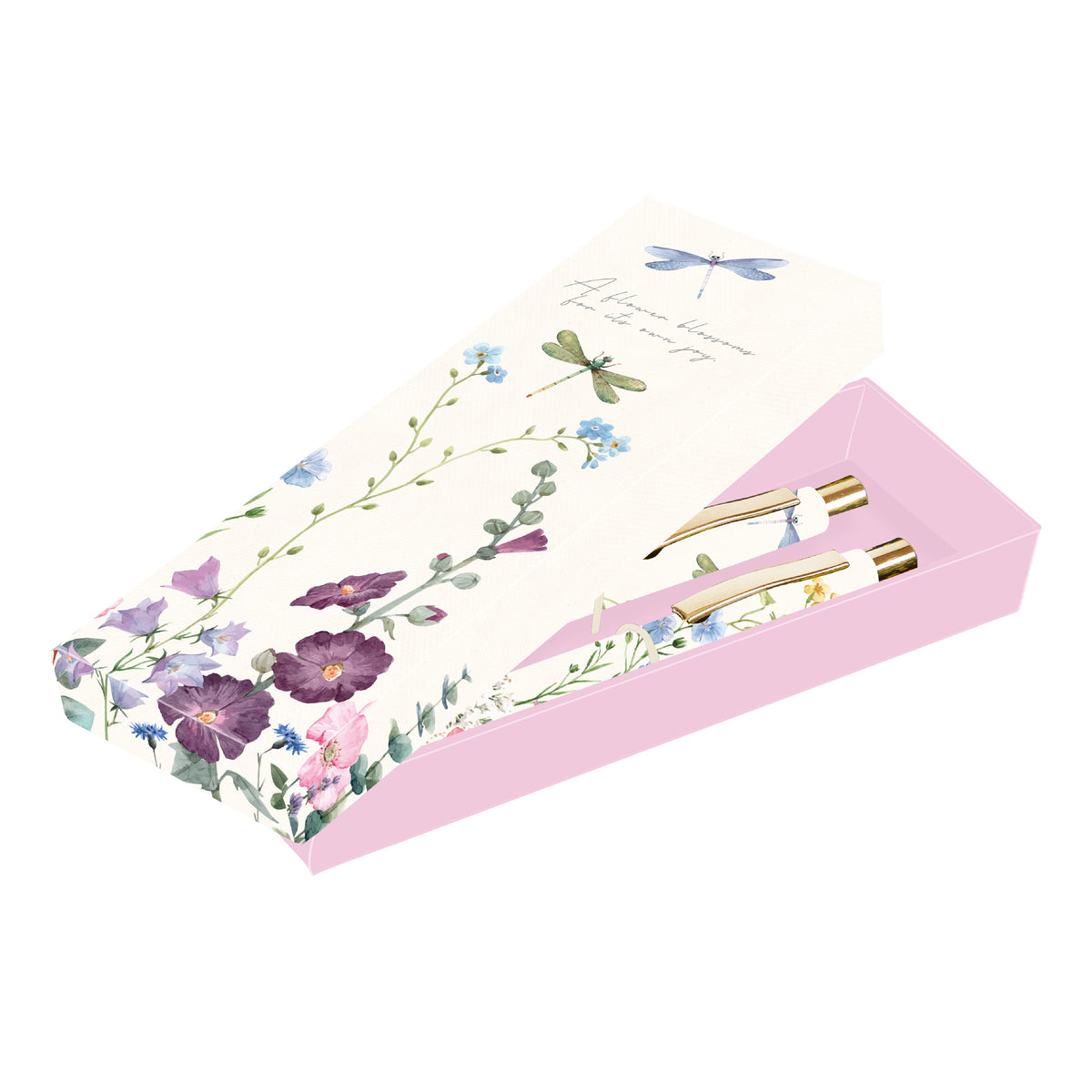 A floral-patterned gift box with a pink interior, shown open on a white background. Inside are two slim gold-and-white pens with small blue and purple floral details.