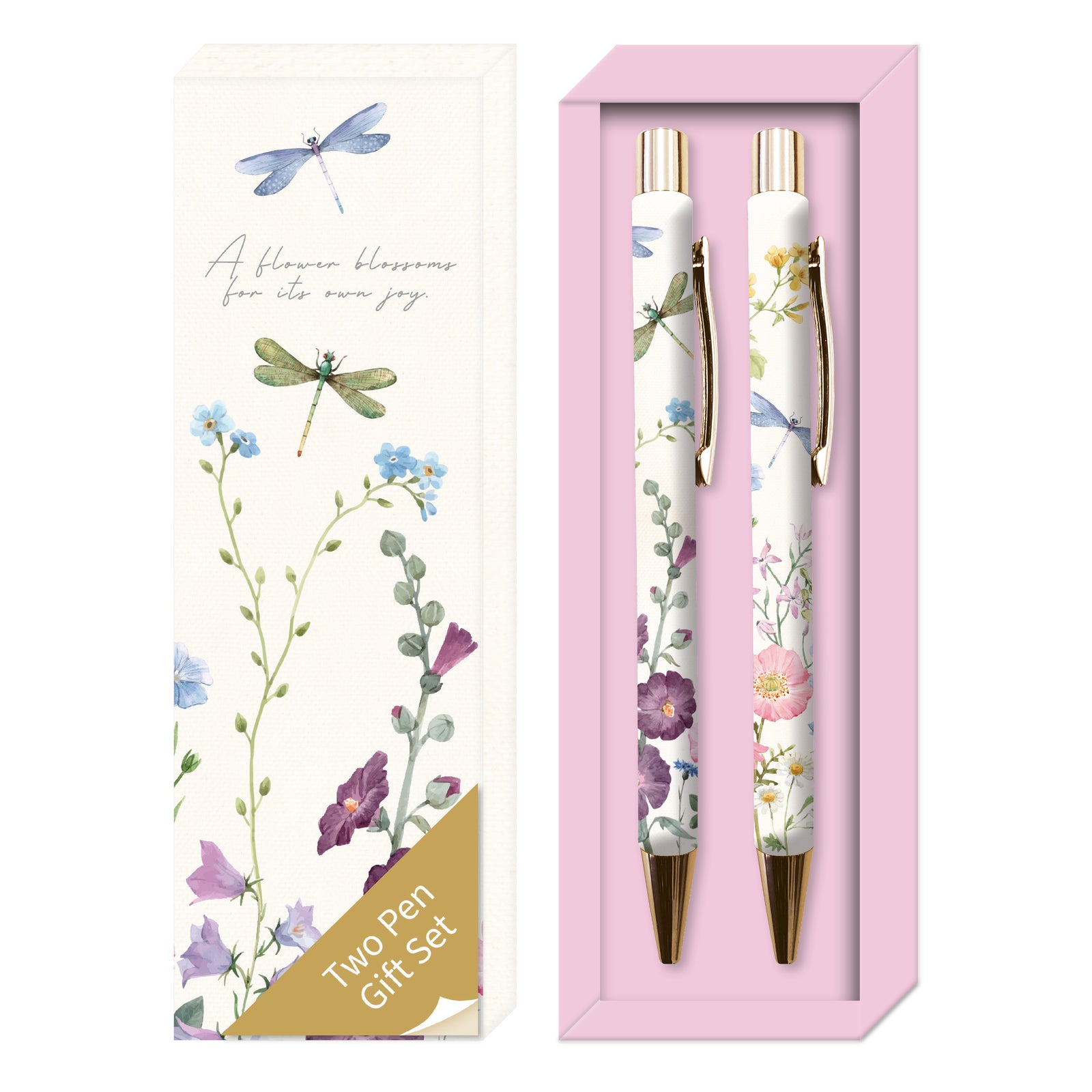 A boxed two pen gift set shown on a white background. The left side shows the tall product box with floral illustrations and the text 'Two Pen Gift Set.