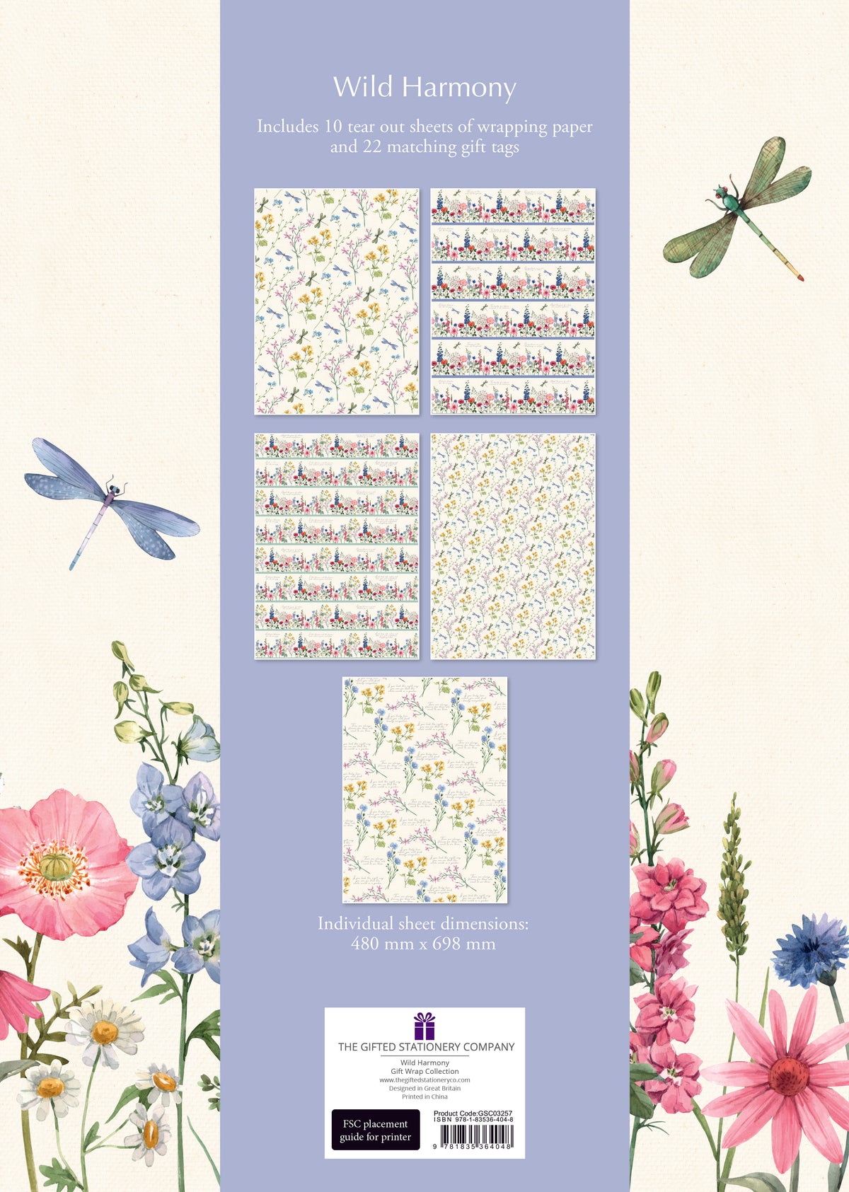 Packaging of Wild Harmony stationery set with floral designs and gift tags on a light blue background.