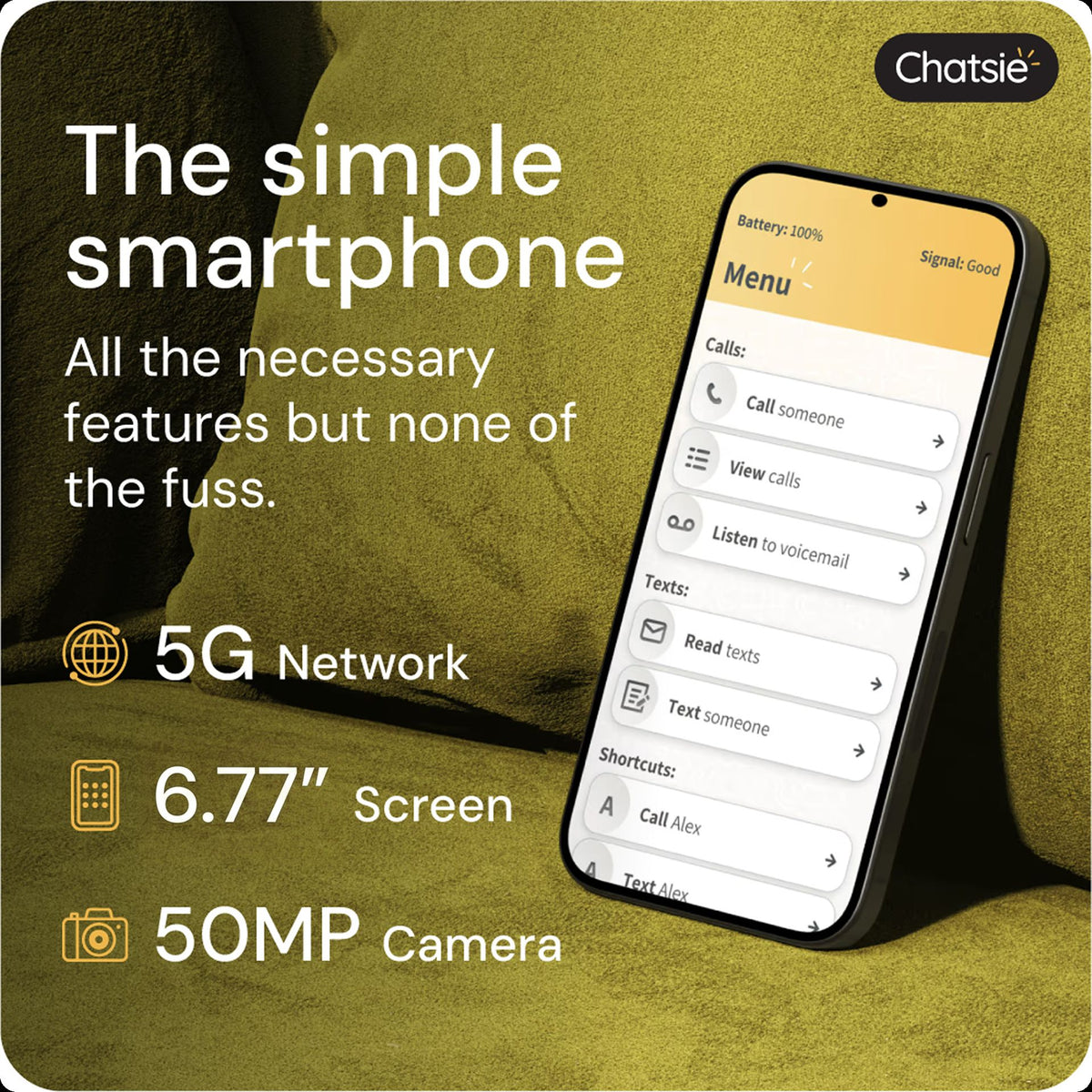 A smartphone shown at an angle on a textured olive-green fabric background, with marketing text and icons highlighting 5G network, 6.77-inch screen, and 50MP camera.