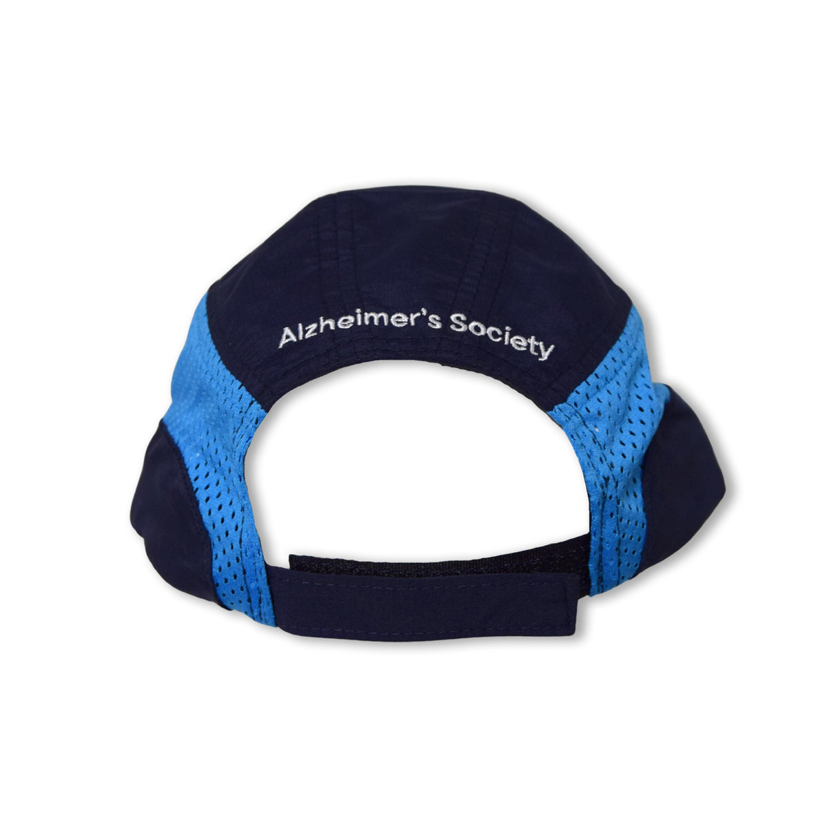 Navy running cap with Alzheimers Society text back view on a white background.
