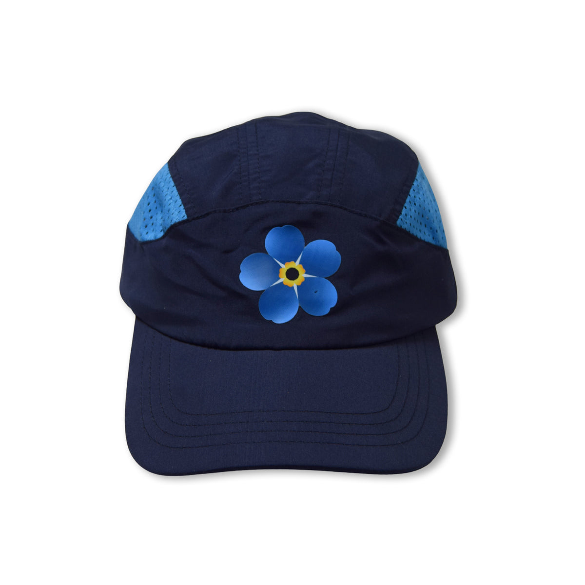 Navy running cap with forget-me-not logo front view on a white background.