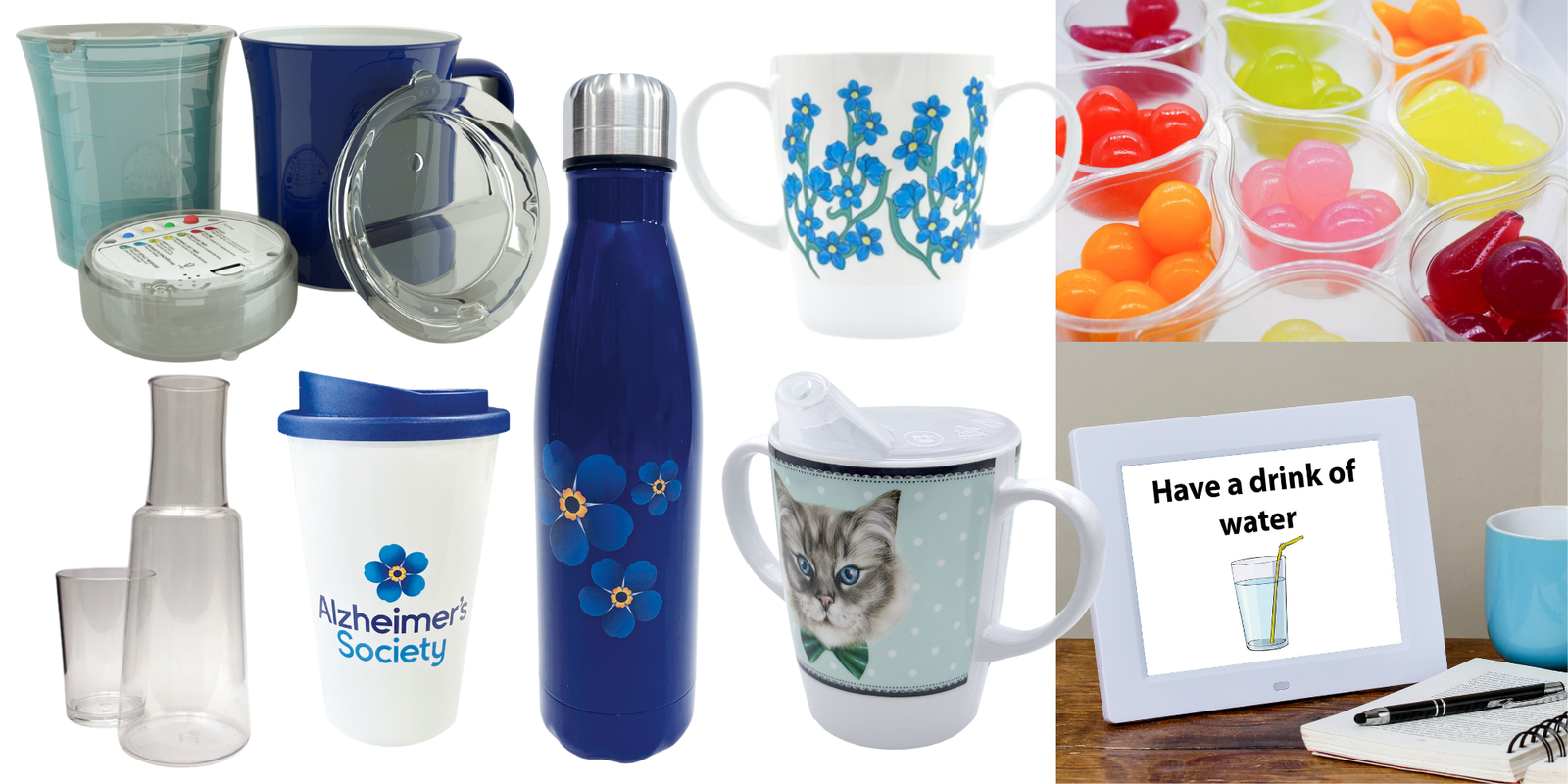A collage of assorted drinkware and small accessories on a white background, including mugs, cups, a water bottle, a clear bottle, a small glass, a mug with a cat portrait, and a tablet showing a message about drinking water. Several items have blue floral or blue-themed graphics.
