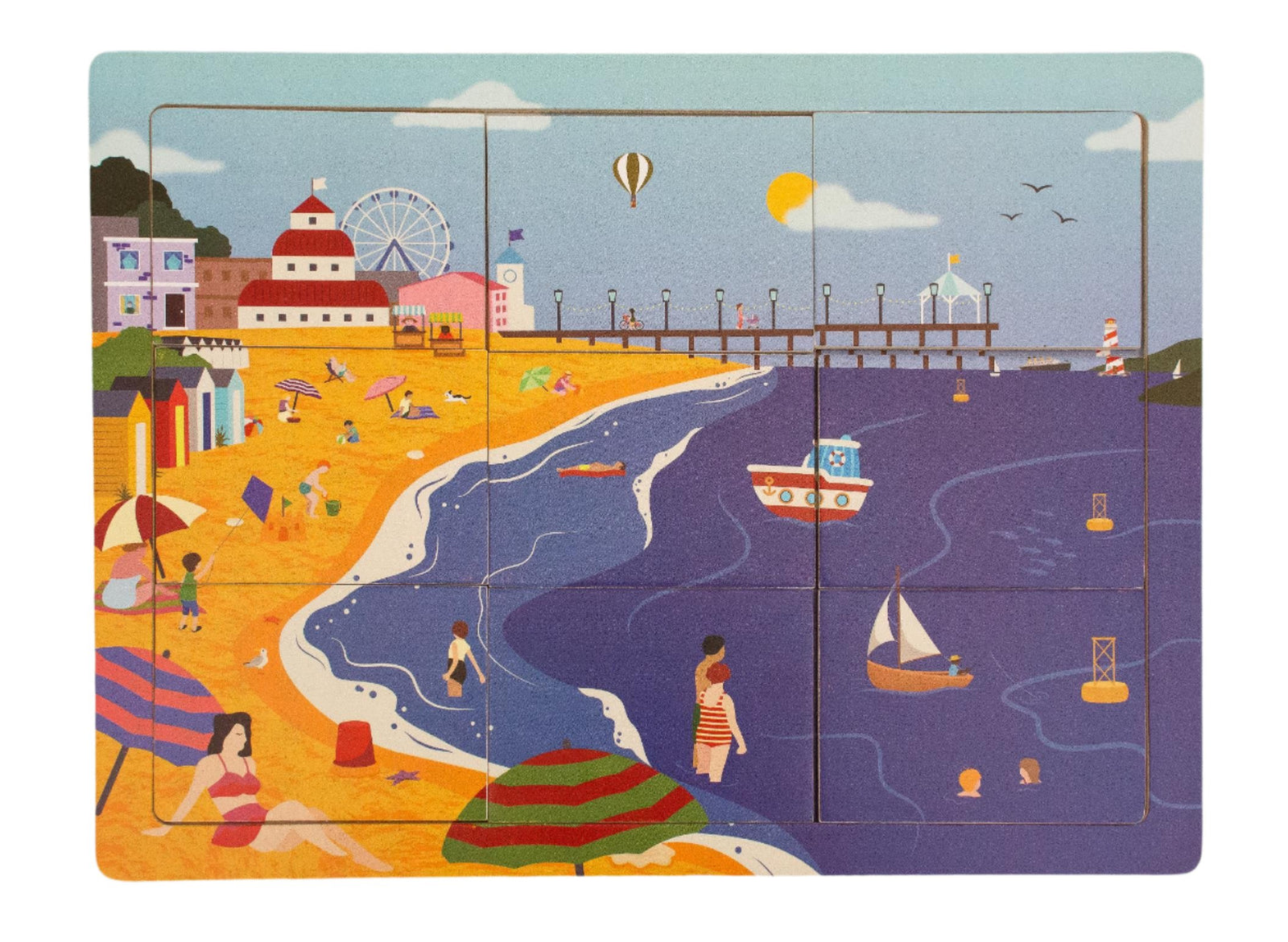 Wooden jigsaw with 9 pieces with a  contemporary seaside illustration