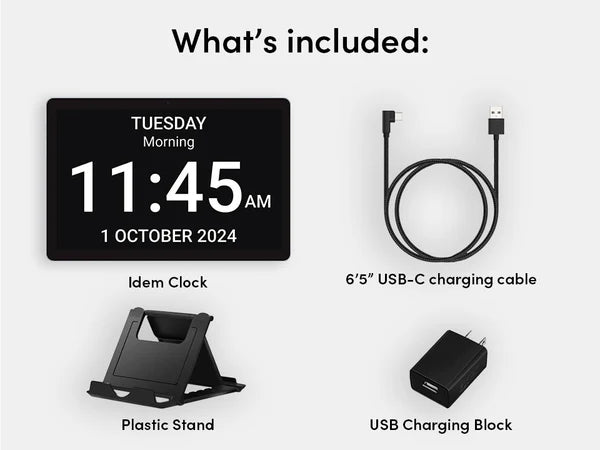 List of included items with Idem Clock, USB charging cable, plastic stand, and USB charging block on a white background.