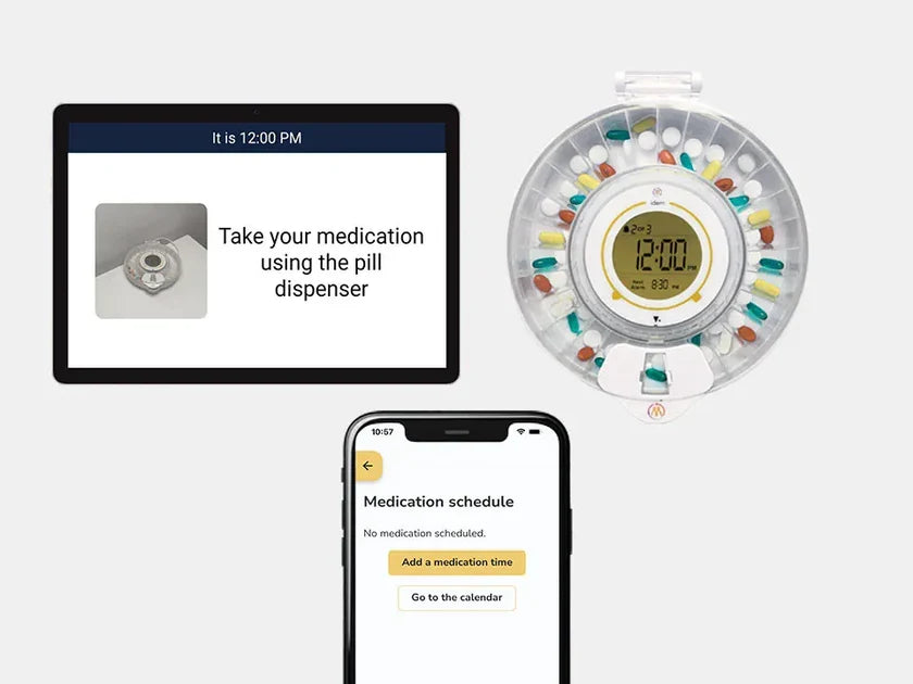 Idem smart reminder clock showing the message 'take your medication using the pill dispenser' with the pill dispenser full of medication and a phone displaying the Idem companion app on a white background.