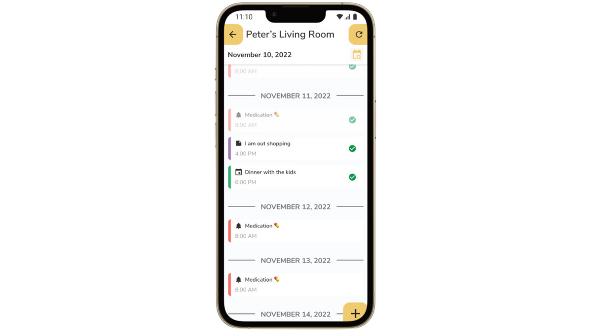 Phone screen displaying a to-do list app with tasks for November 10, 2022, to November 14, 2022.