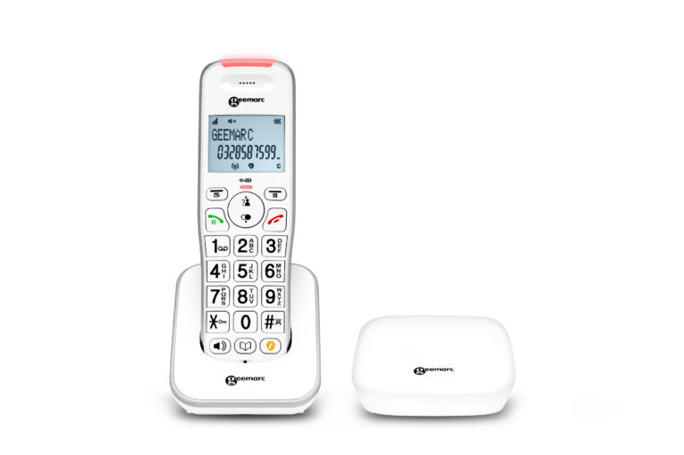 Liberty 200 cordless phone with range extender front facing on base.
