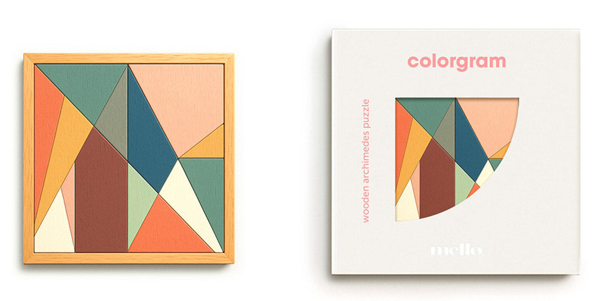 A wooden multi coloured puzzle developed by Greek mathematician Archimedes. Form a square from the 14 coloured pieces in various shapes in the tray. 