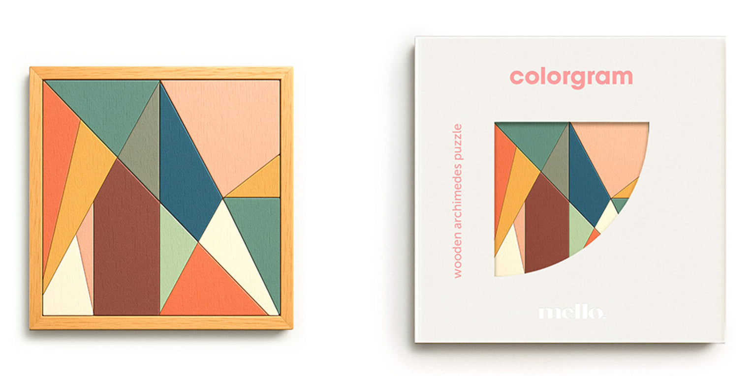 A wooden multi coloured puzzle developed by Greek mathematician Archimedes. Form a square from the 14 coloured pieces in various shapes in the tray. 