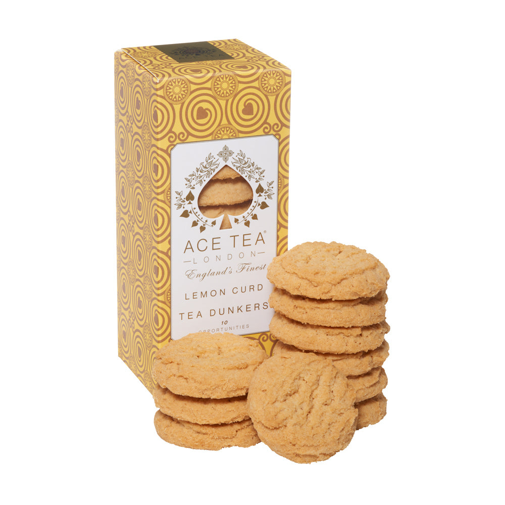 Stack of lemon curd tea dunkers with a box labeled 'Ace Tea London' on a white background