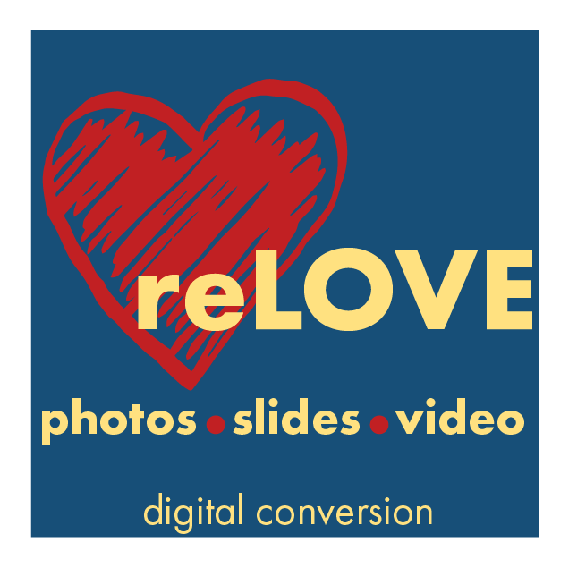 Logo for reLOVE digital conversion services with a red heart and text on a blue background