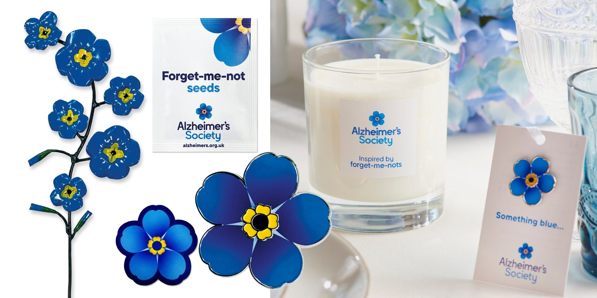 A range of forget-me-not products including an enamel and iron-on blue badge, a candle packet of seeds and a garden sculpture.