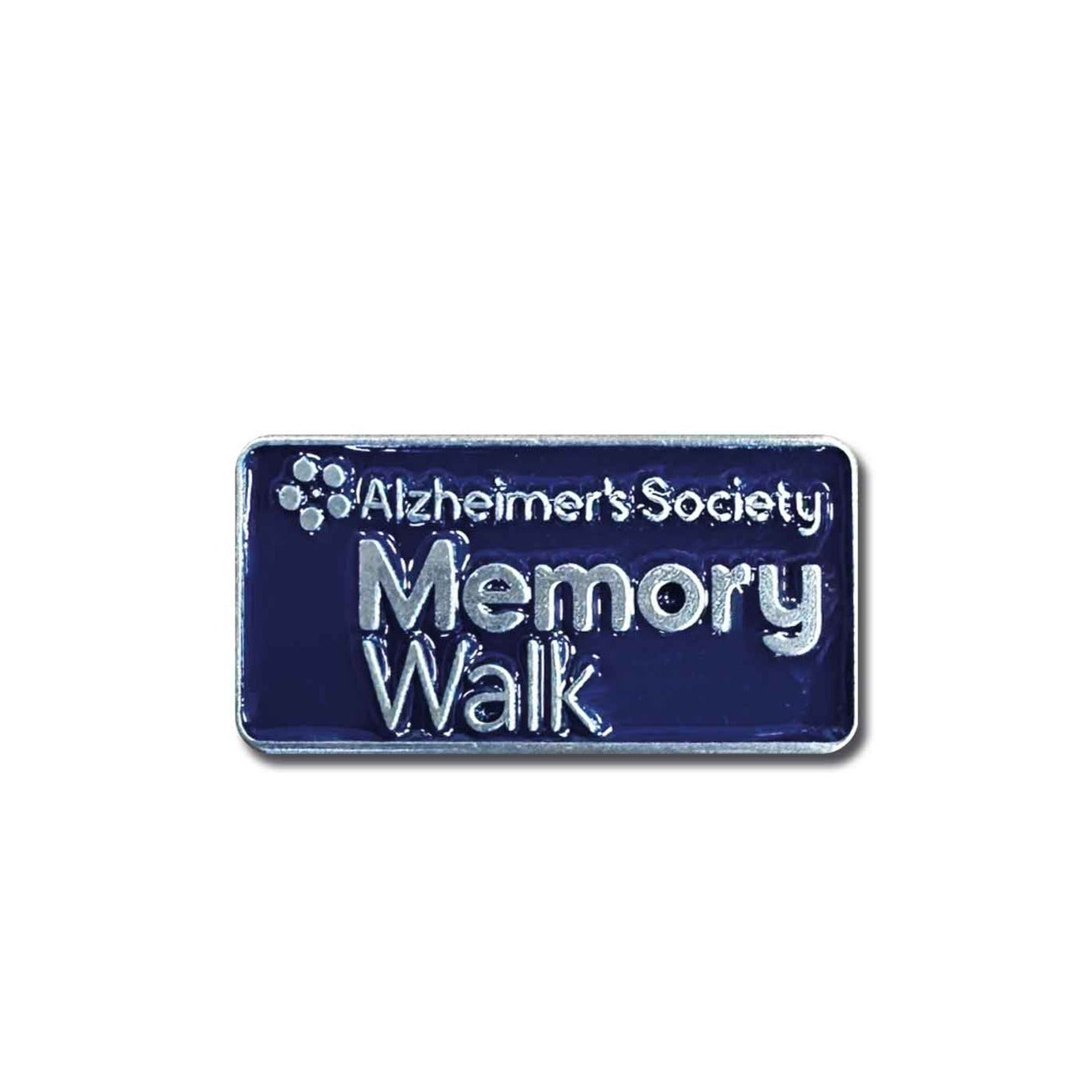 Memory walk words in relief on blue enamelled pin badge