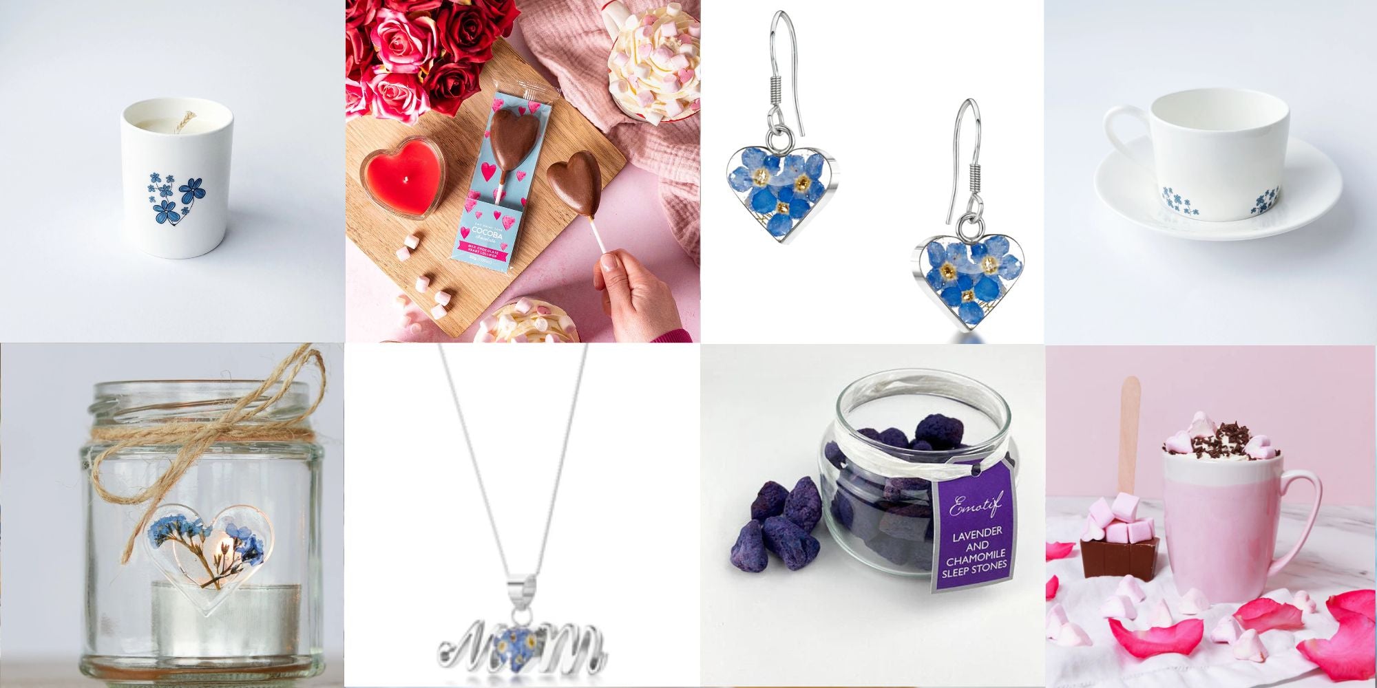 A selection of pretty gifts: candles, cup and saucer, forget-me-not earrings, mum necklace and sweet treats