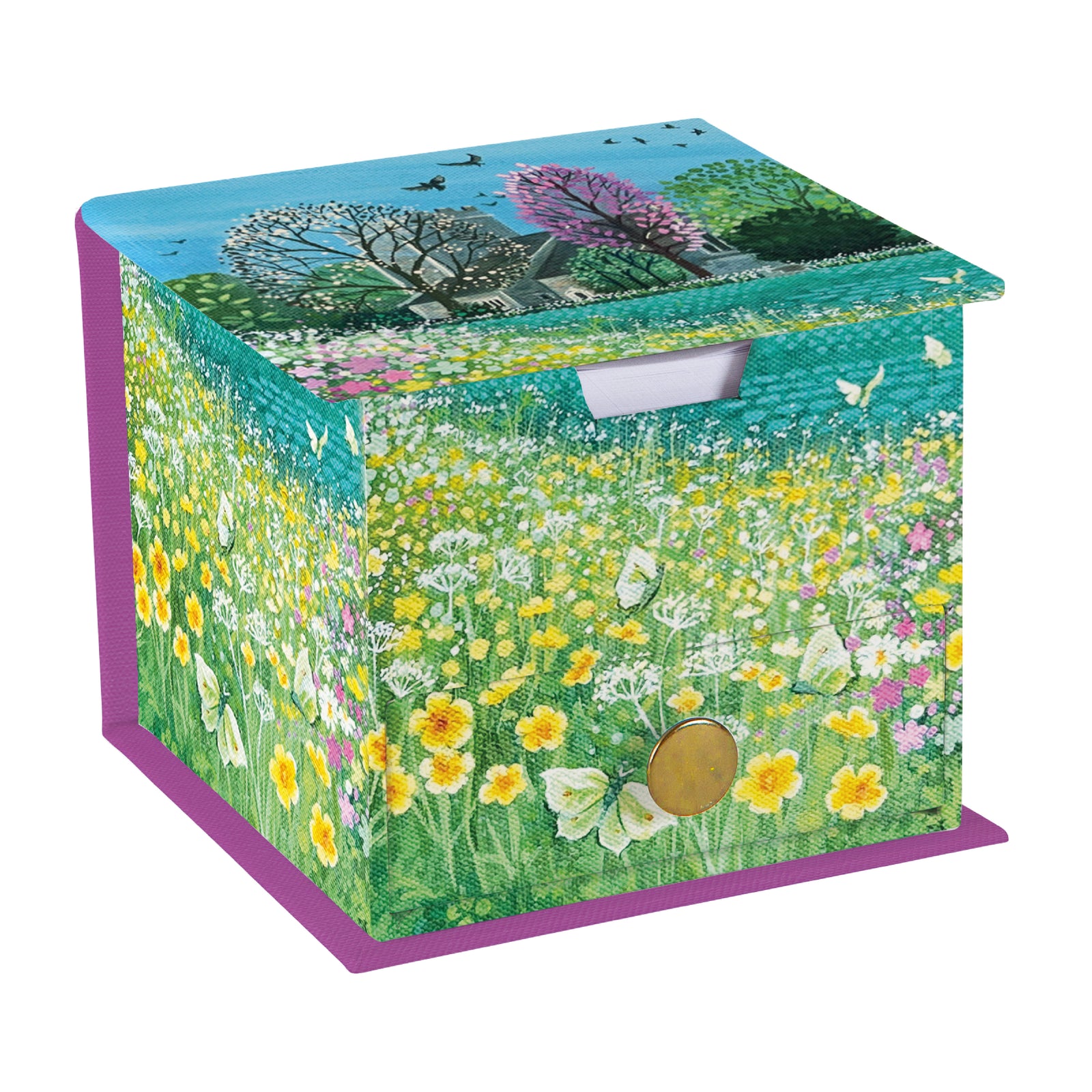Storage box with a nature-themed design featuring trees, flowers, and butterflies on a white background.