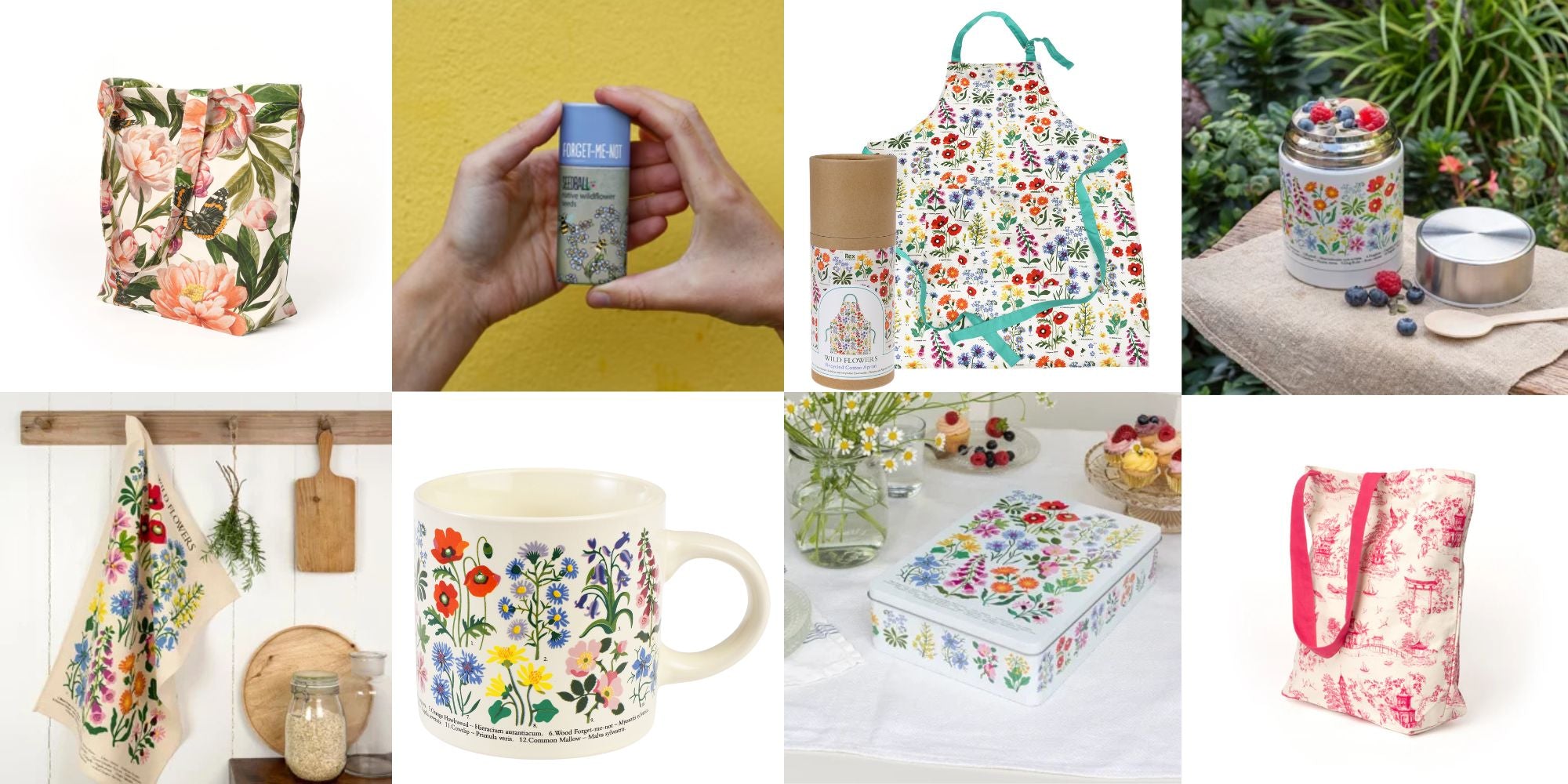 Pretty wildflower gifts like mugs, travel cups, tins, bags, teatowels and forget-me-not seeds.