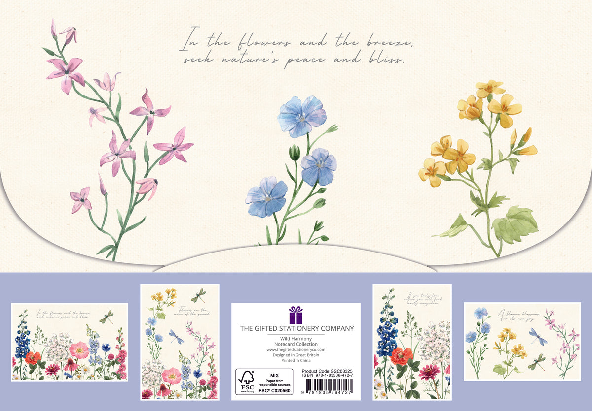 Collection of floral cards with a blue background and branding for &#39;The Gifted Stationery Company&#39;.