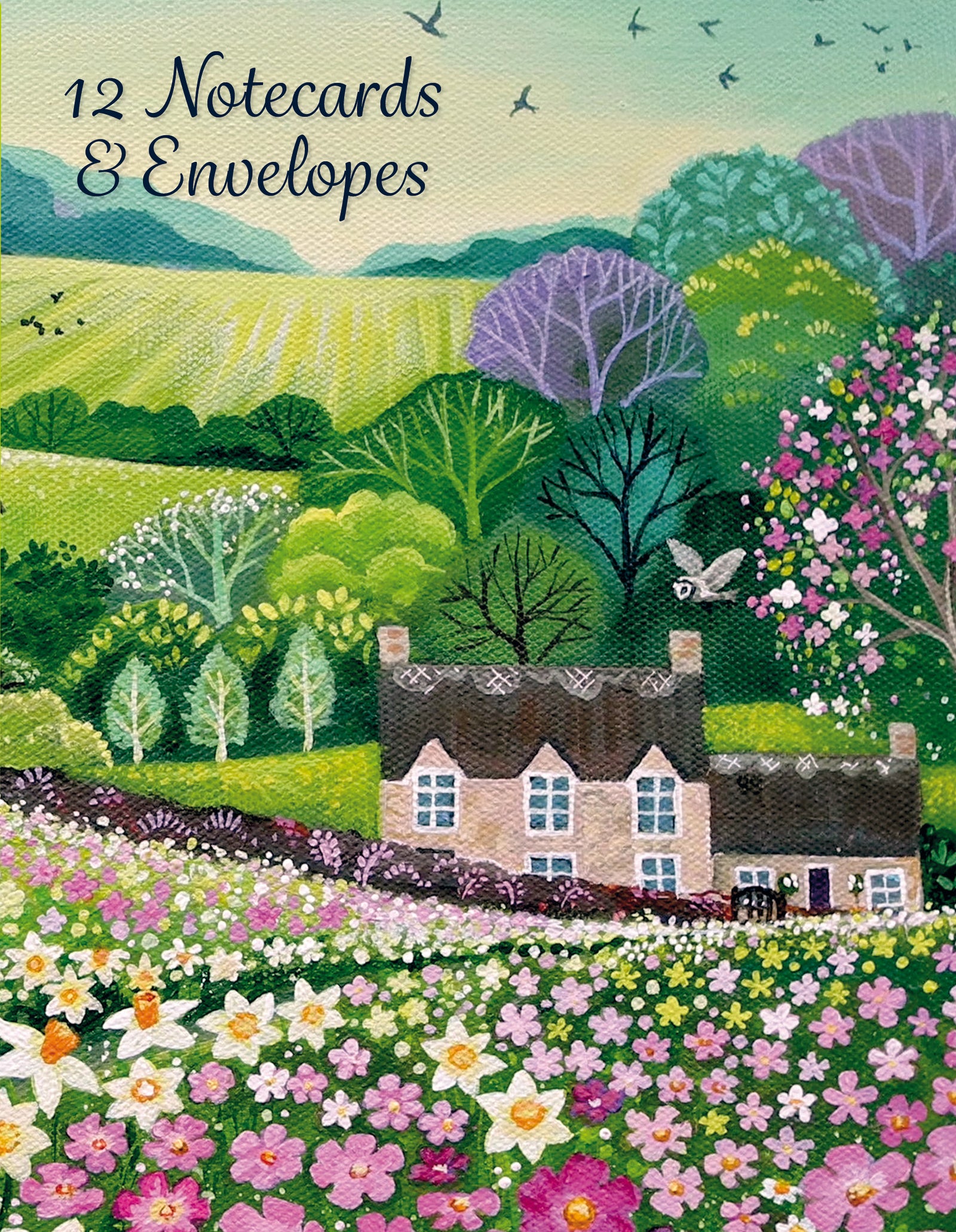 Notecard packaging with an illustration of a house, trees, and flowers on a green background.