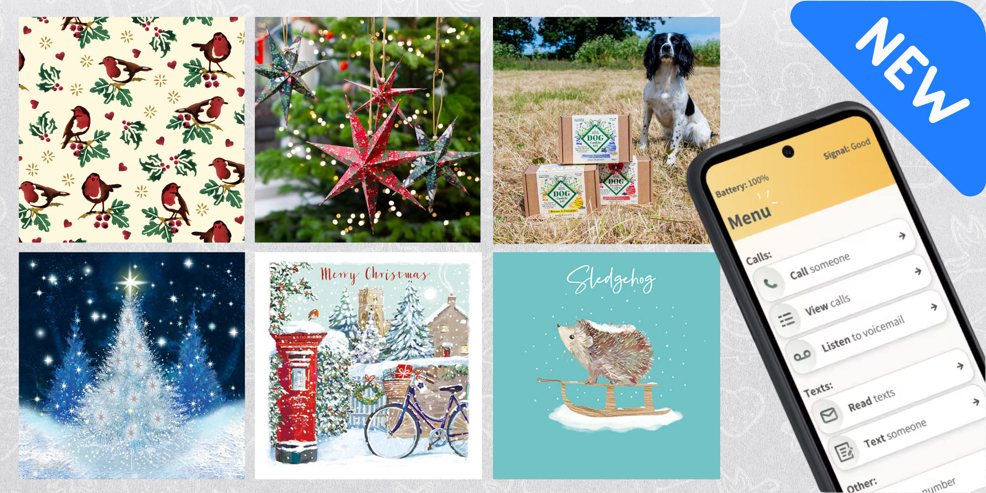 Collage of Christmas cards with various designs, dog biscuit cookie kits, robin gift wrap and star baubles and a smartphone displaying a menu app.