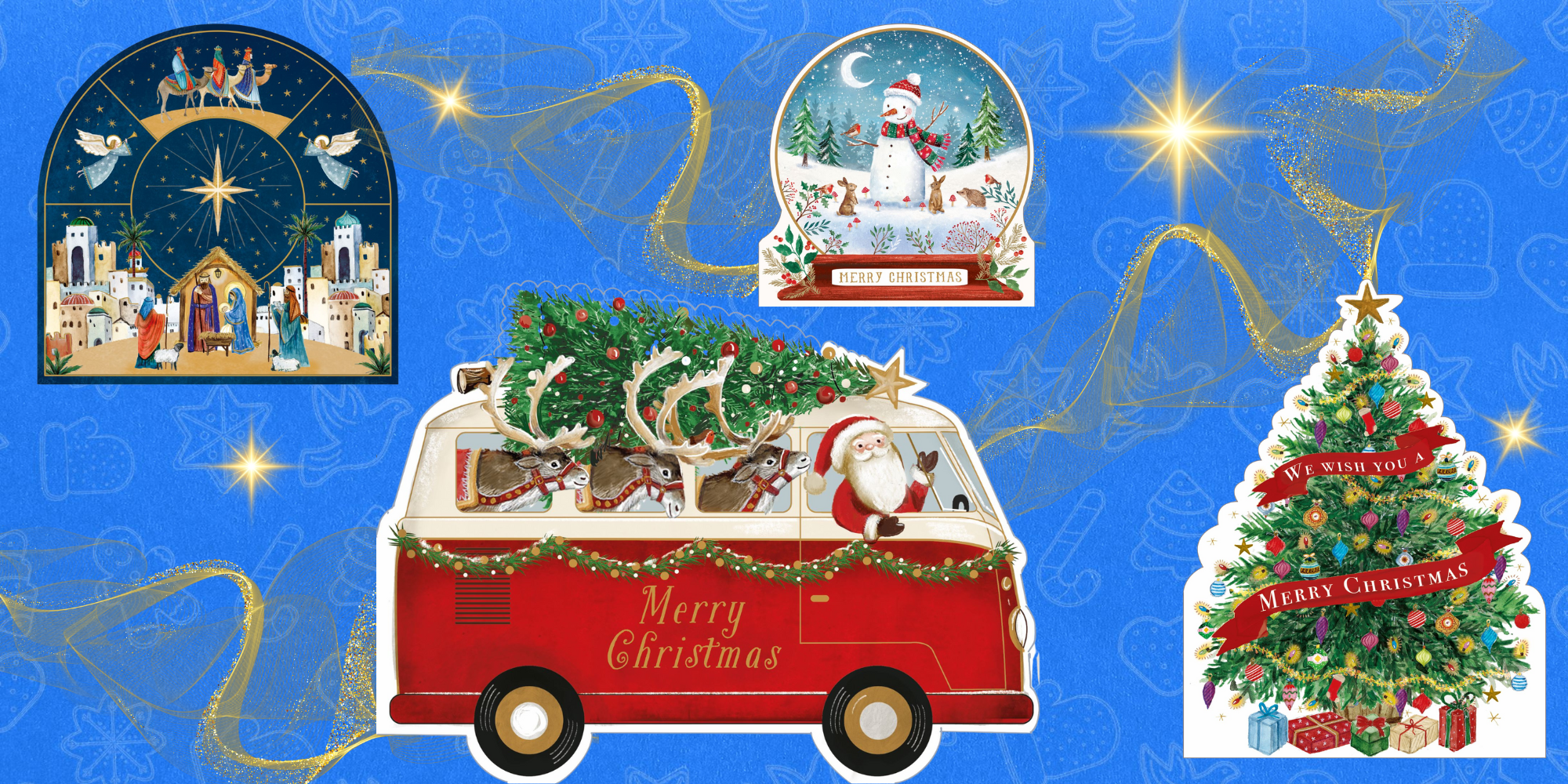 Collection of Christmas-themed items including a red van, snow globe, and tree on a blue background with stars.