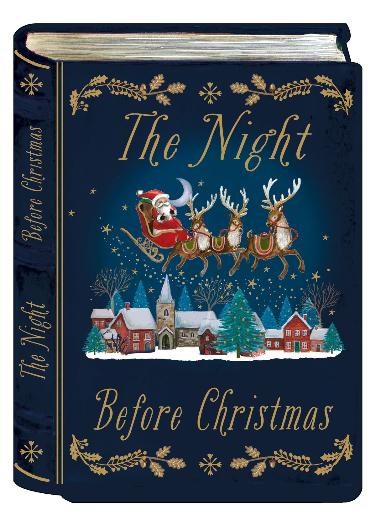 Book shaped Christmas card with a Christmas sene and the wording The Night Before Christmas on a white background.