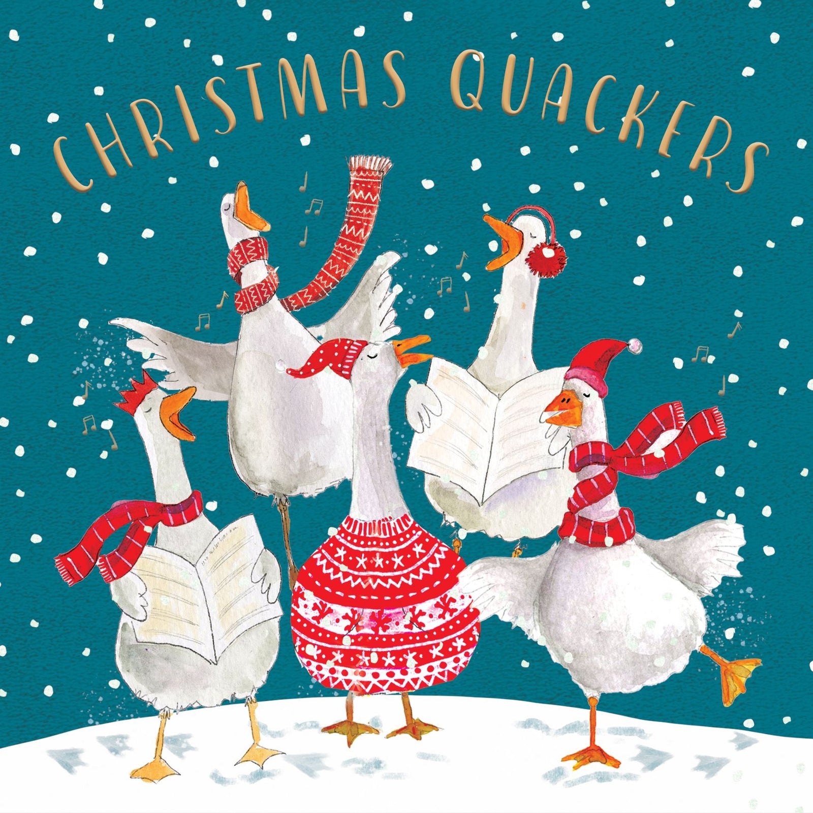 Illustration of geese in festive clothing with 'Christmas Quackers' text on a snowy background.