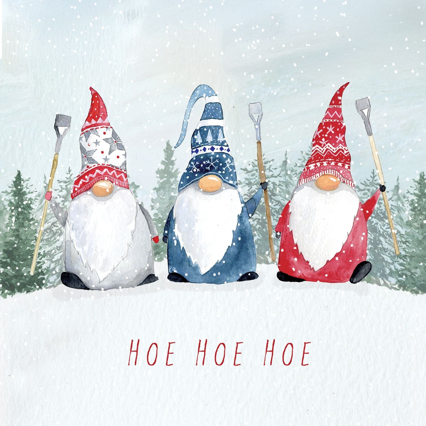 Three colorful gnomes with hats and shovels standing in snow, with 'HOE HOE HOE' text below.