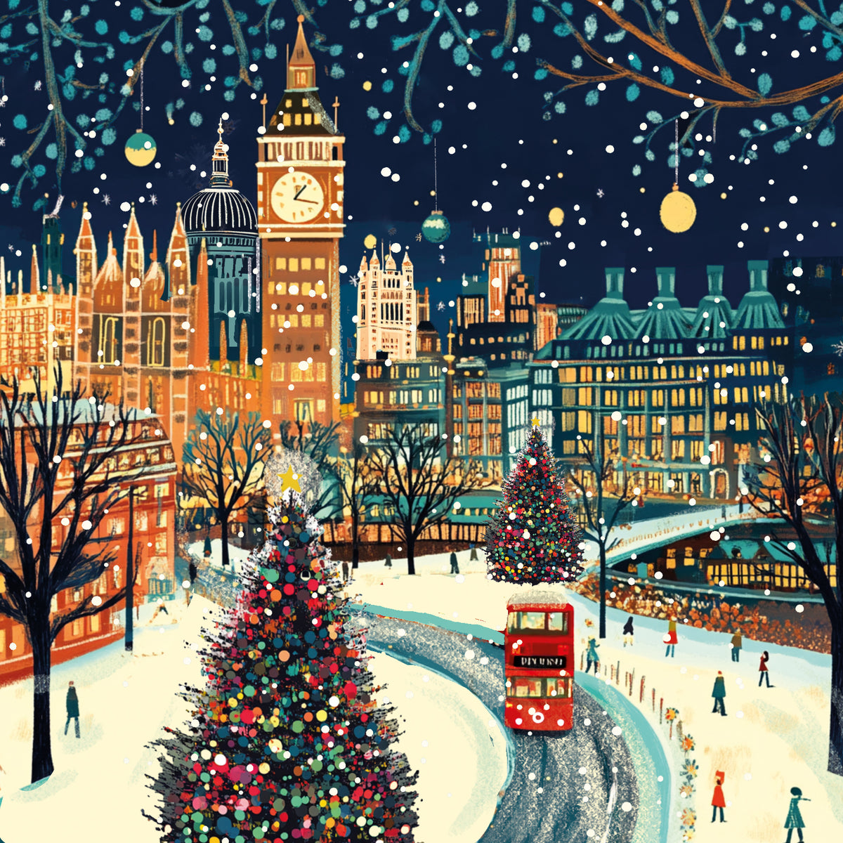 London scene at night with big ben, a double decker bus and a colourful Christmas tree.