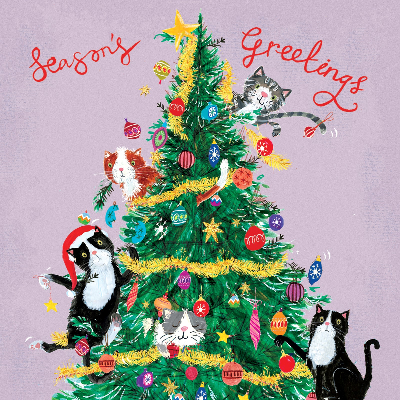 Illustrative Christmas tree and cats on a Pink background with the wording Seasons Greetings