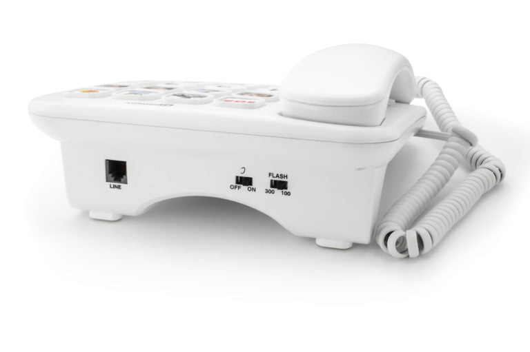 A white multi-button landline telephone base with a matching handset and coiled cord, photographed on a clean white background.