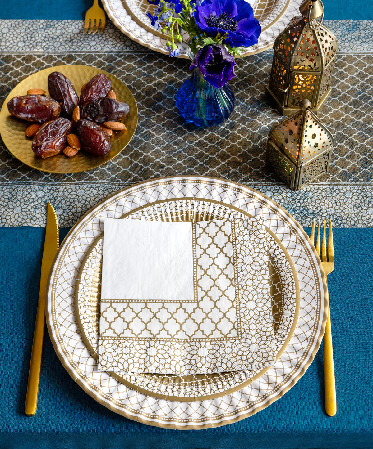 Blue gold and white table setting