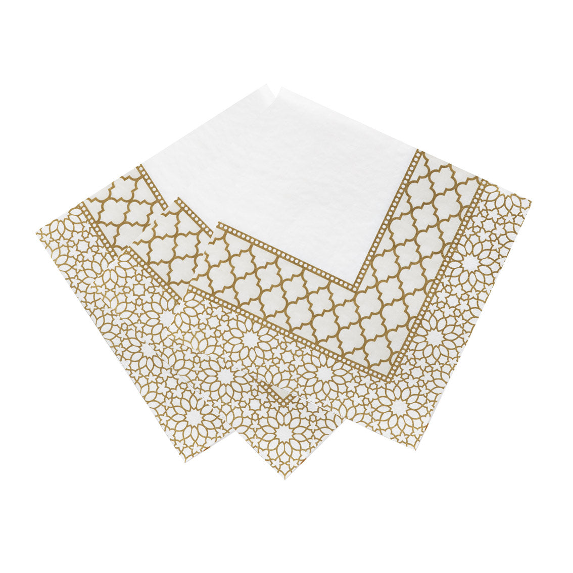 3 white and gold mosaic napkins on a white background