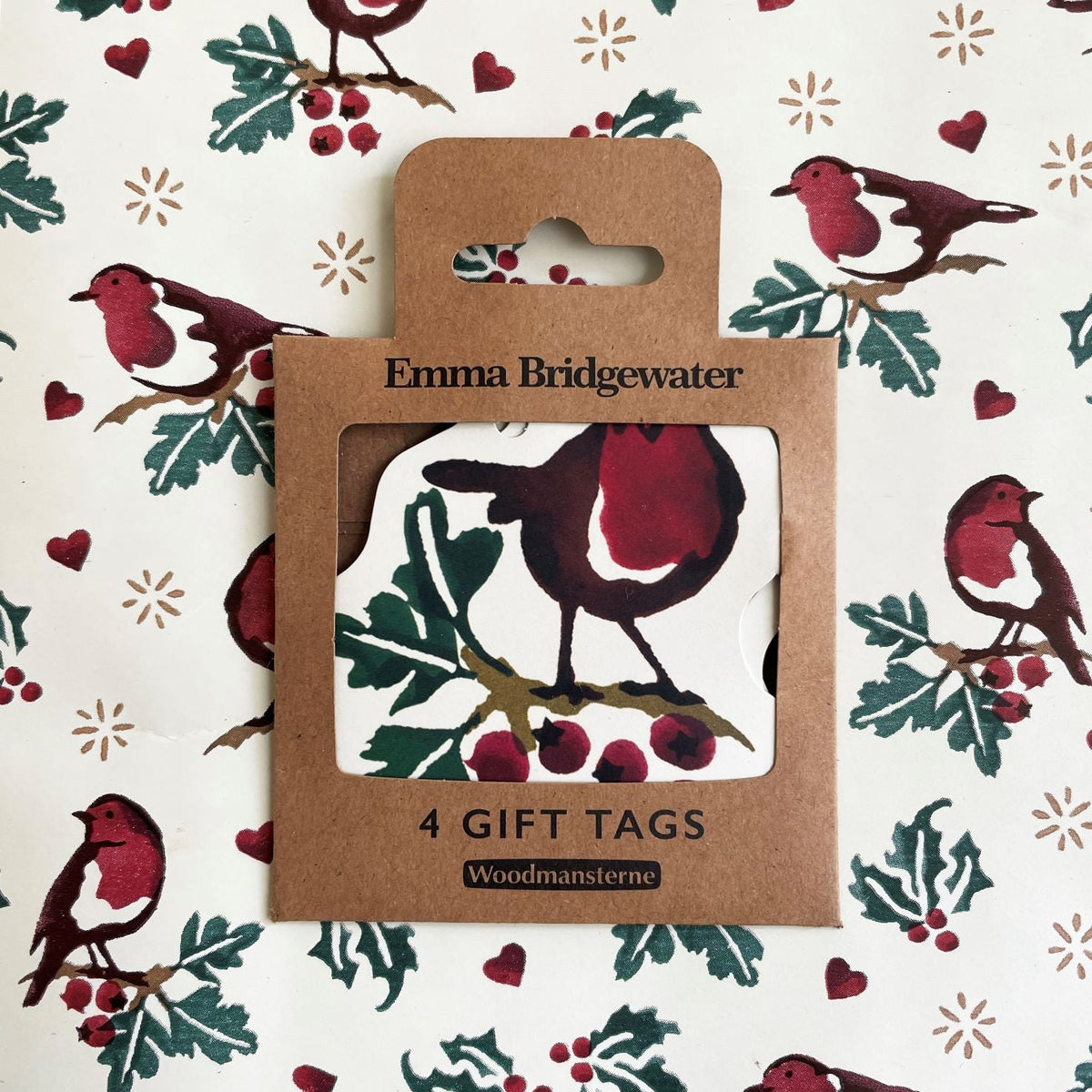 Pack of Emma Bridgewater gift tags with Christmas design on a patterned background