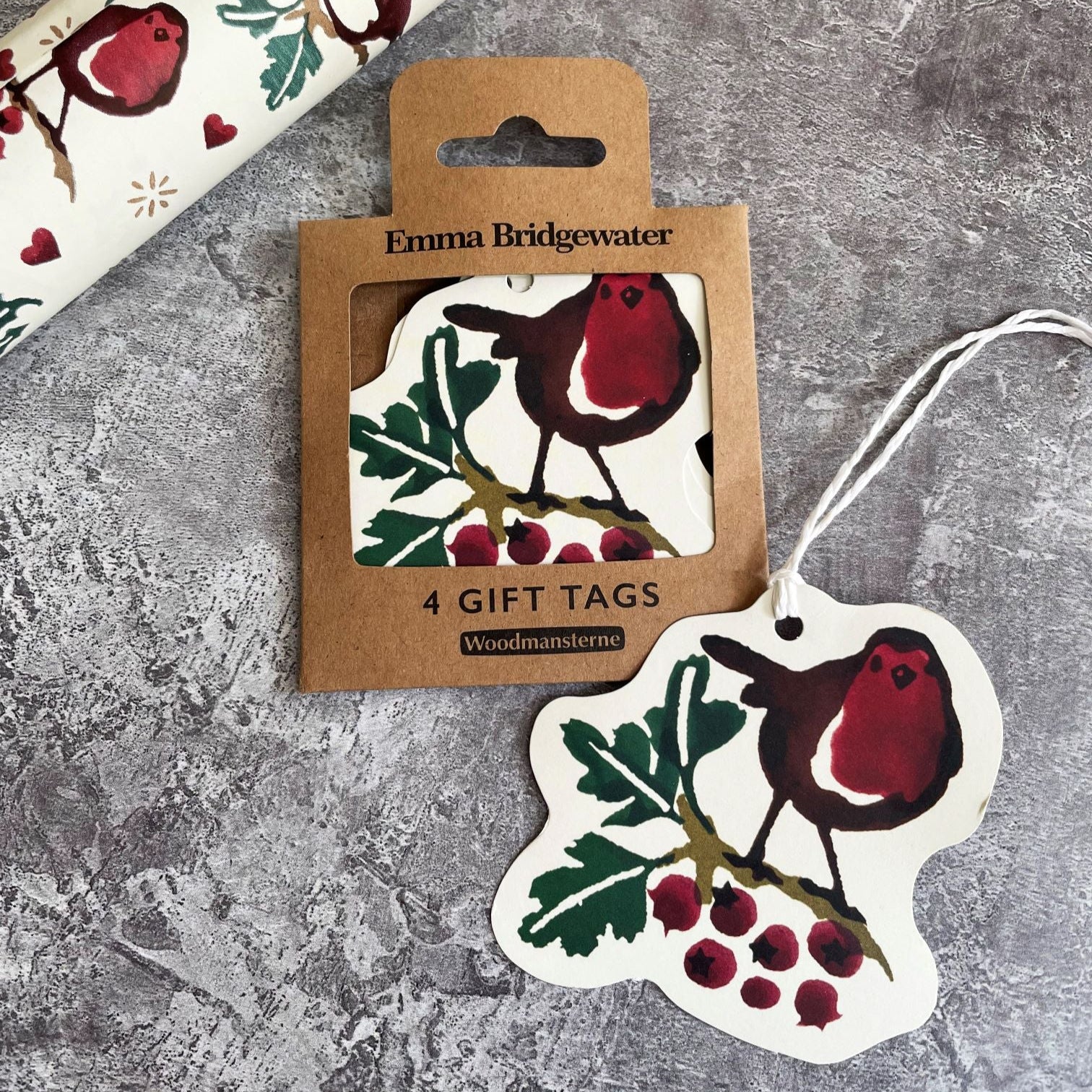 Set of Emma Bridgewater gift tags featuring a robin design on a textured surface.