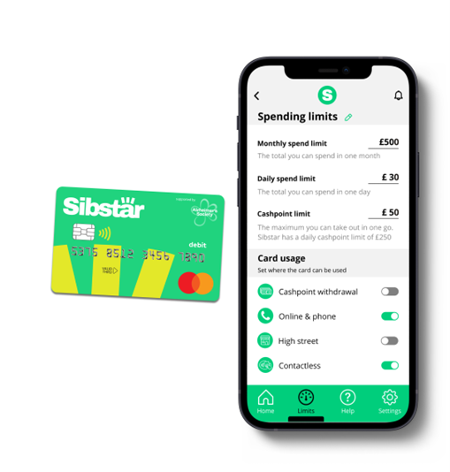 Smartphone displaying a banking app with Sibstar card on a white background