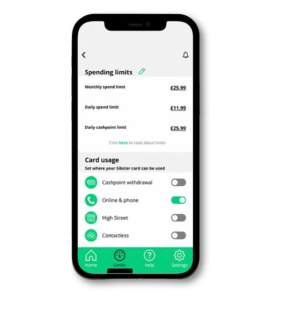 Phone screen displaying a financial app with spending limits and card usage settings.