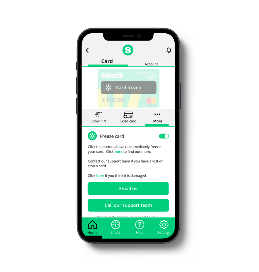 Phone screen displaying a banking app with card management options on a white background