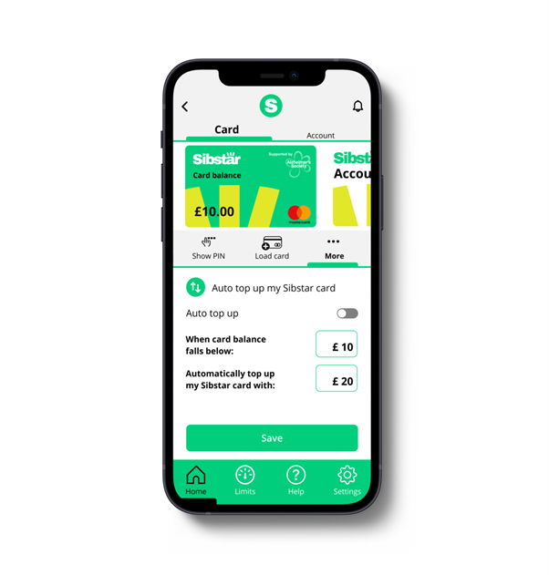 Phone displaying a banking app with Sibstar card balance on a white background