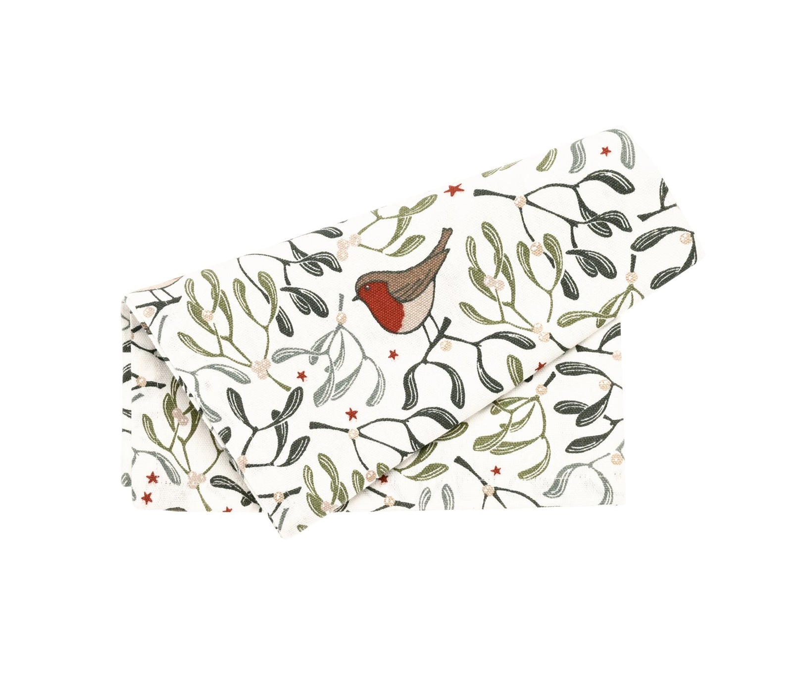 A napkin with a printed pattern featuring a bird, mistletoe, and leaves on a white background.