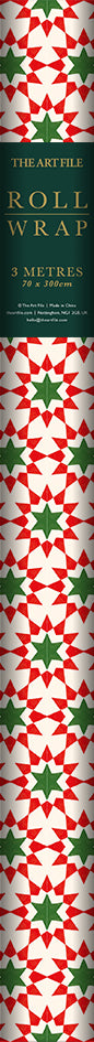 Geo Stars printed Christmas wrapping paper roll on a white background.