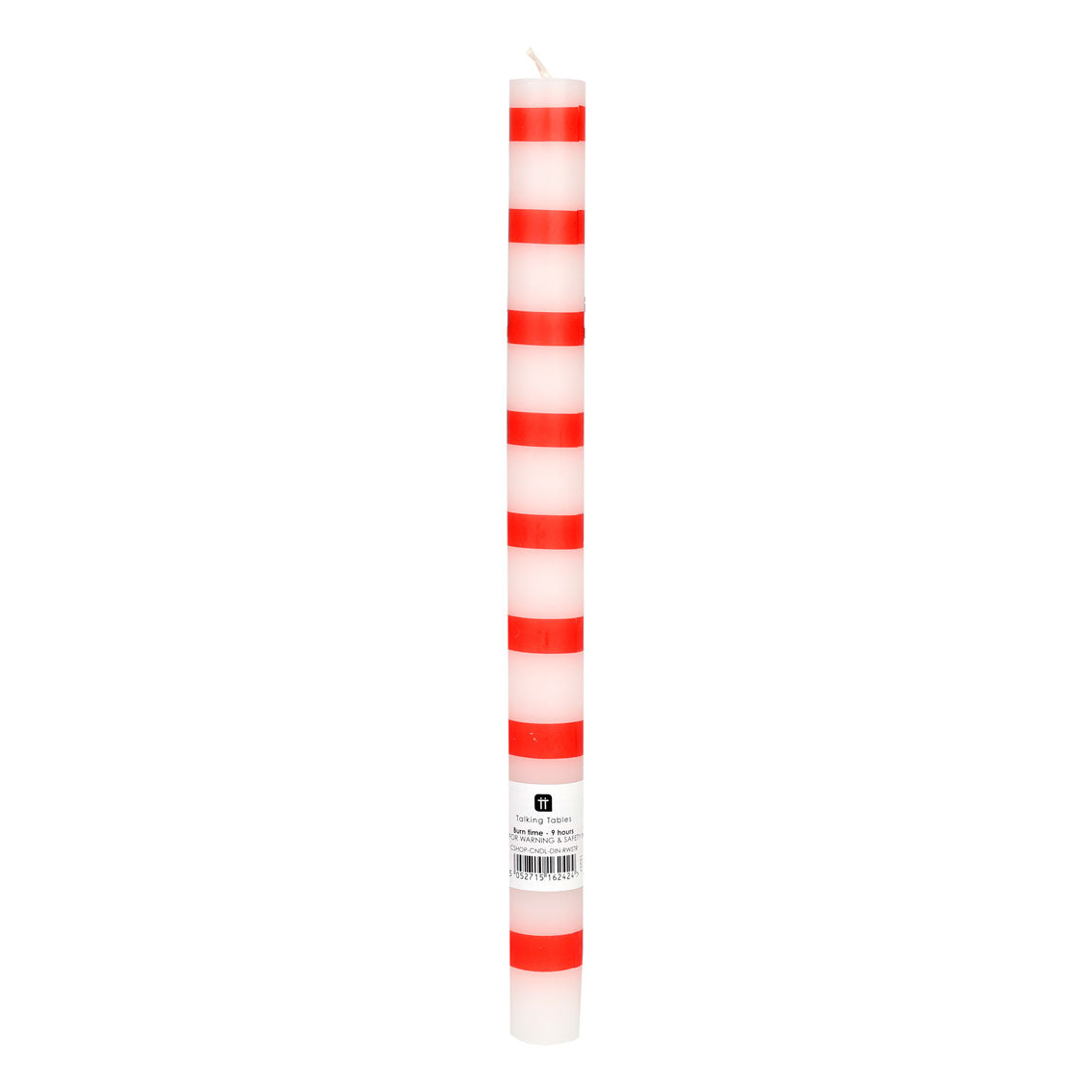 Red and white striped candle on a white background