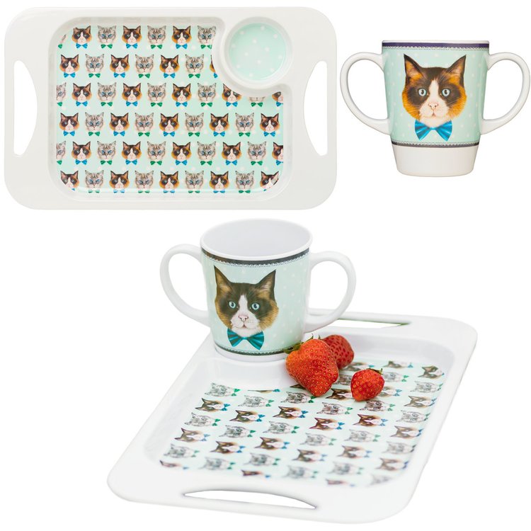 Two handled mug and tray with cat print and some real strawberries on the tray