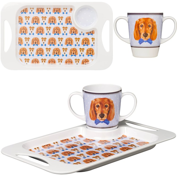 Two handled mug and tray with dog print 