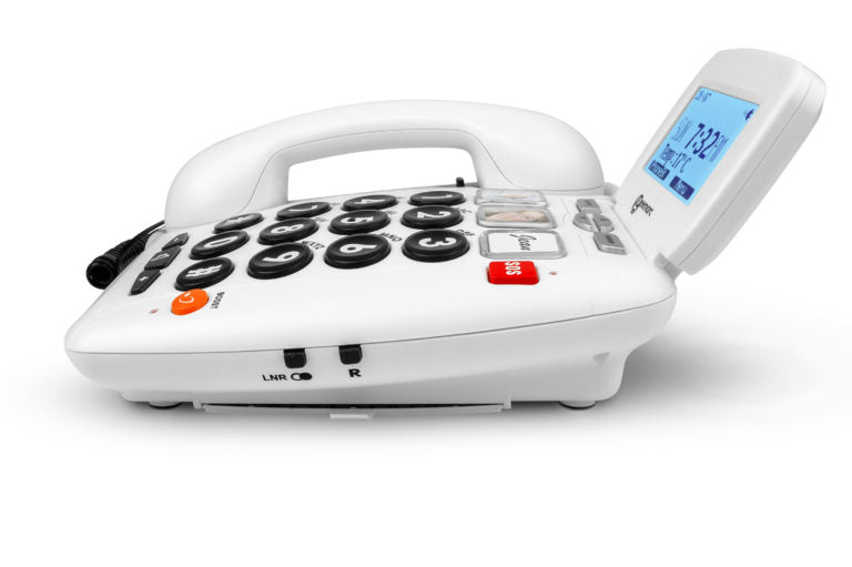 A white corded telephone with a digital display screen and black numeric buttons, shown on a clean white background.