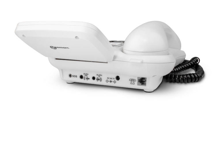 A white telephone base with a handset resting on top, shown from a reverse side angle against a white background.