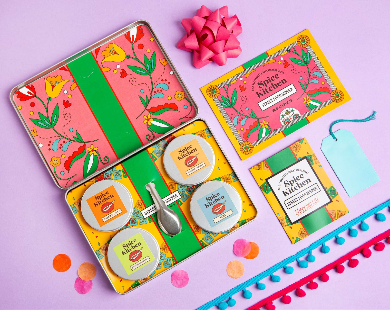 Spice kit with colorful packaging on a purple background