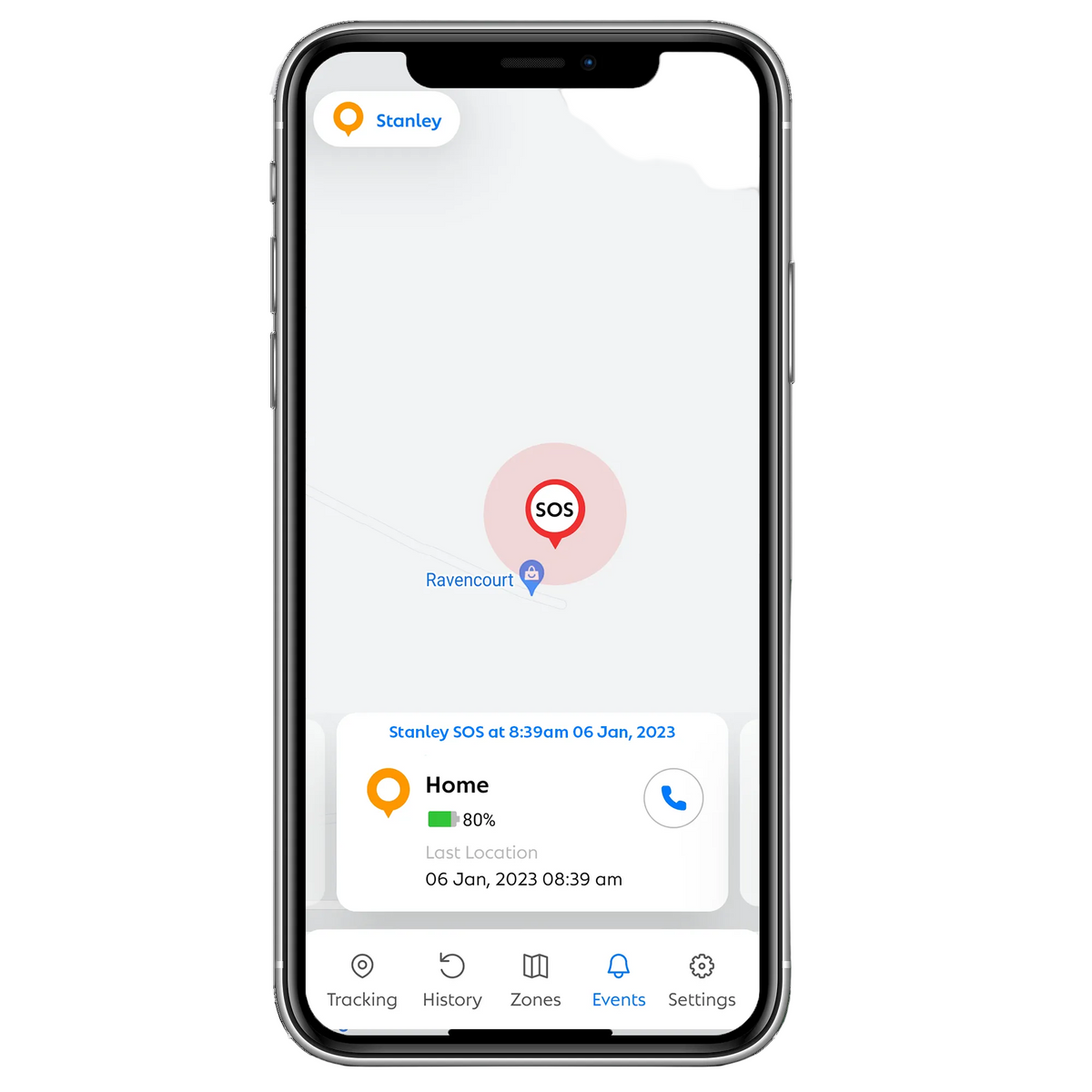 Mobile phone screen showing an SOS alert and the location of the person with the GPS tracker as well as the time of alert sent.